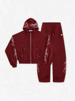 Gothic Script Oversized Zip-Up Hoodie & Wide-Leg Sweatpants Set