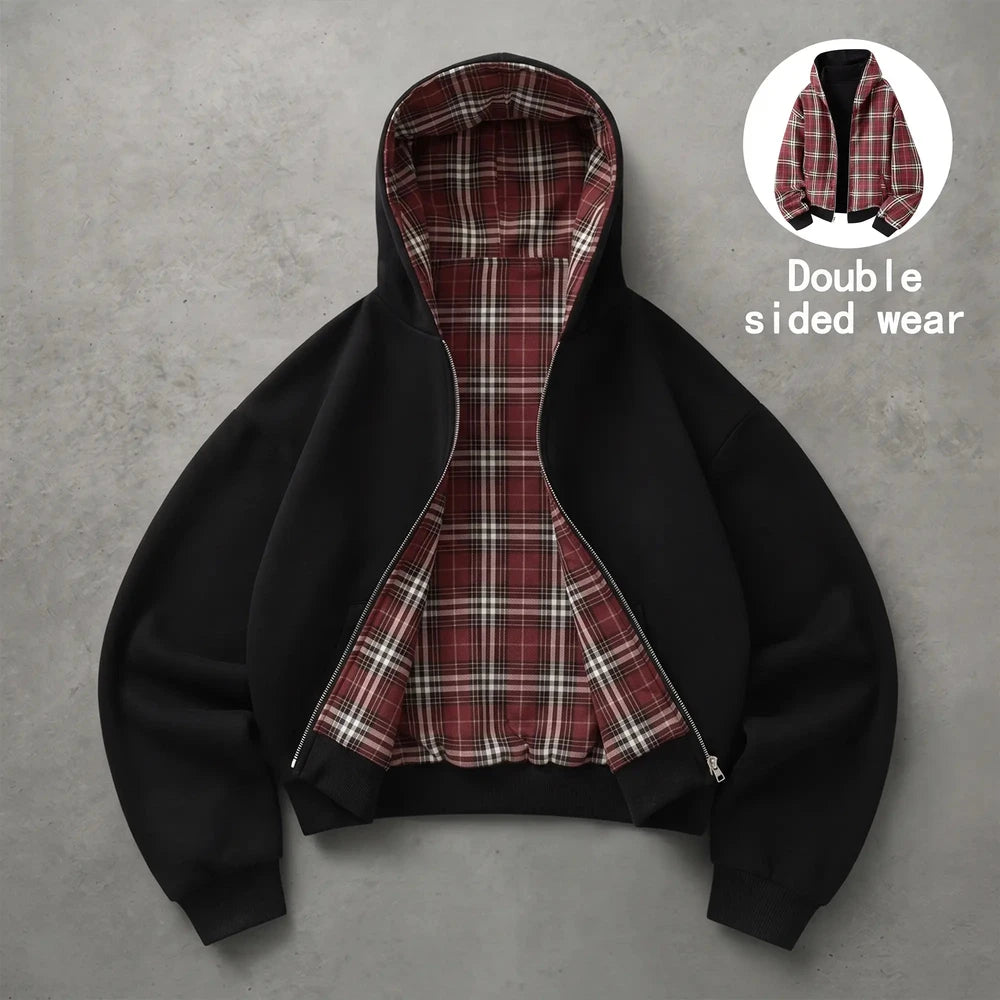 Unisex Reversible Plaid Hooded Jacket