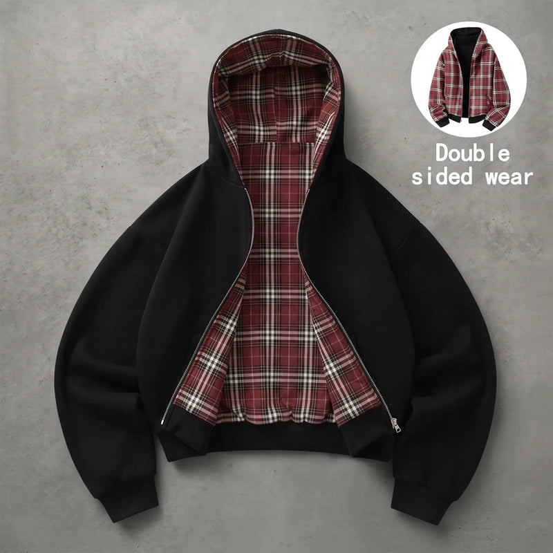 Unisex Reversible Plaid Hooded Jacket