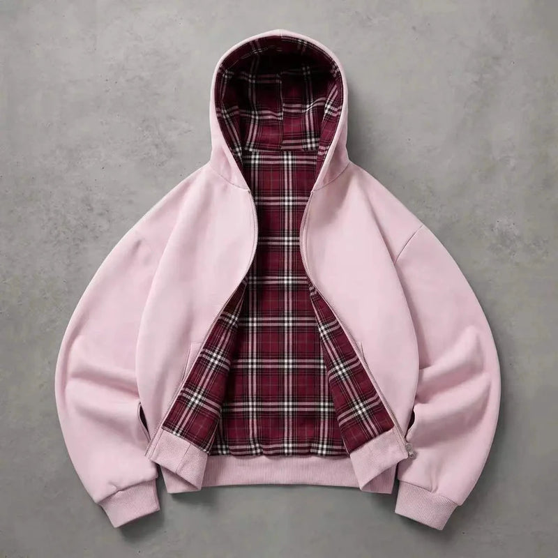Unisex Reversible Plaid Hooded Jacket