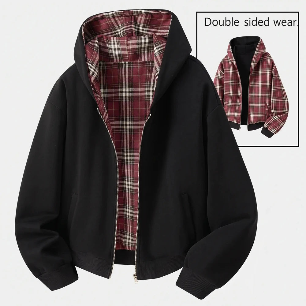 Unisex Reversible Plaid Hooded Jacket