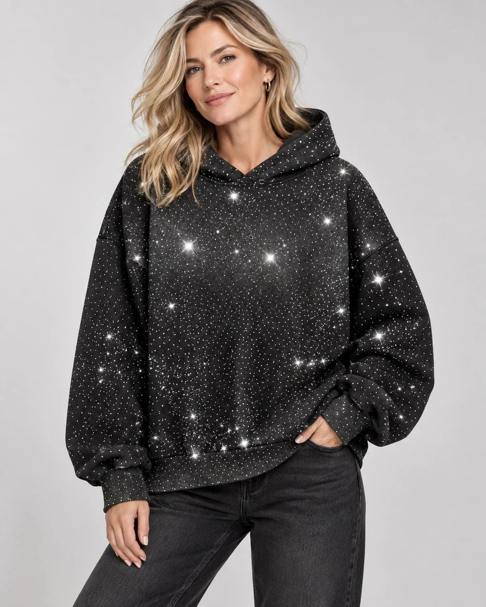 Rhinestone Glitter Unisex Oversized Hoodie – Sparkly Long Sleeve Hooded Sweatshirt