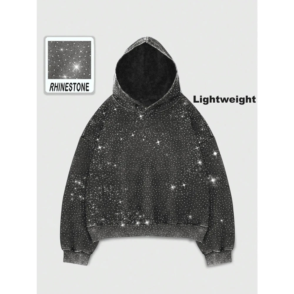Rhinestone Glitter Unisex Oversized Hoodie – Sparkly Long Sleeve Hooded Sweatshirt