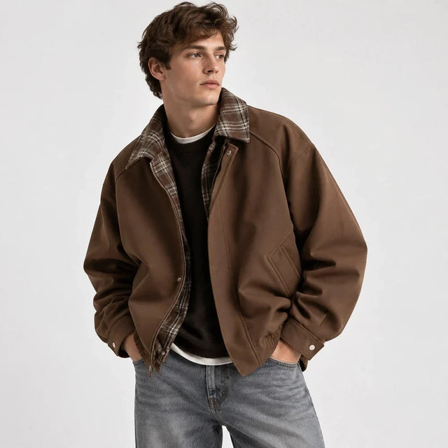 Men's Vintage Plaid-Trim Bomber Jacket – Relaxed Fit